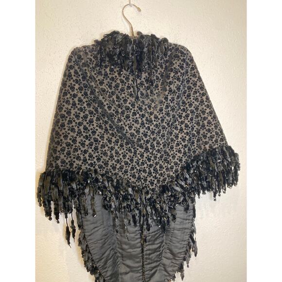 Black Chenille Velvet Beaded Shawl Vintage OS Soft Costume Lined Women’s Fancy - Picture 8 of 13